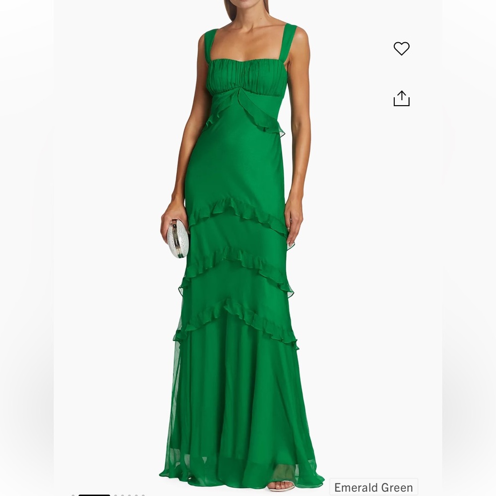 Saloni emerald silk ruffle gown